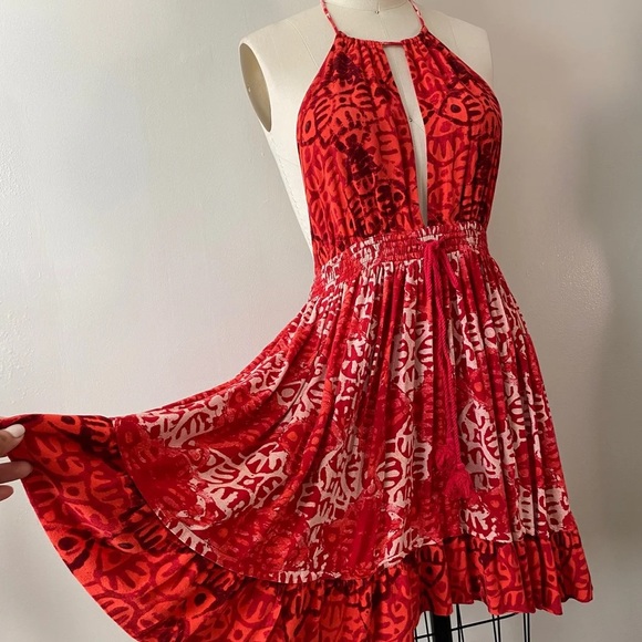 FREE PEOPLE BEACH DAY RED BLOCK PRINT HALTER TIE OPEN BACK SWING DRESS XS - Picture 7 of 16